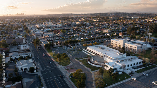 Montebello, California, USA - February 2, 2023: Sunlight shines on the downtown Civic Center and City Hall of Montebello.