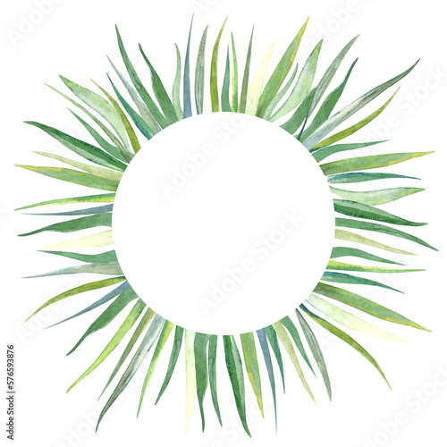 Watercolor circle frame with green grass. The wreath is perfect for invitations, cards and other projects