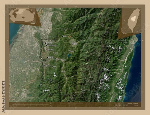Nantou, Taiwan. Low-res satellite. Labelled points of cities photo