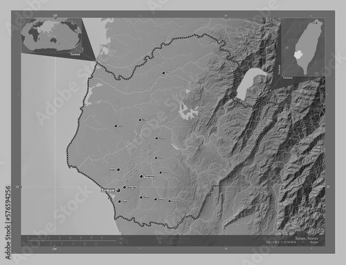 Tainan, Taiwan. Grayscale. Labelled points of cities photo