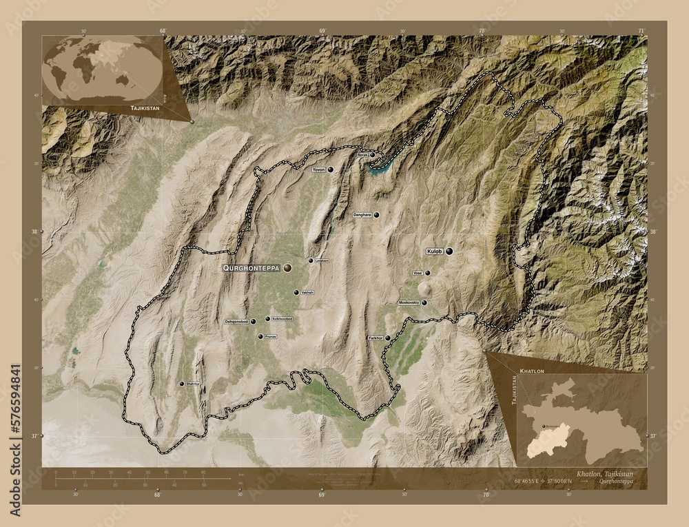 Fototapeta premium Khatlon, Tajikistan. Low-res satellite. Labelled points of cities