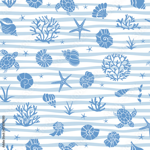 Blue seamless pattern with underwater life objects - seashells, starfish, corals, algae and sea turtles.