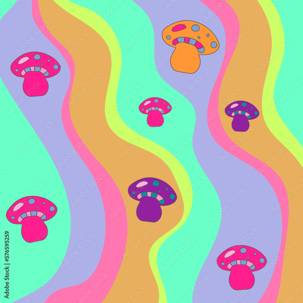 pattern, background with colored waves and mushrooms in psychedelic hippie style.