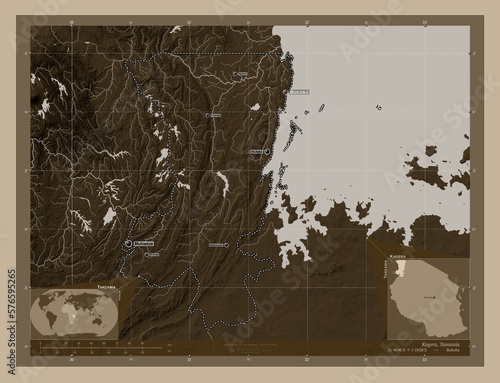 Kagera, Tanzania. Sepia. Labelled points of cities photo