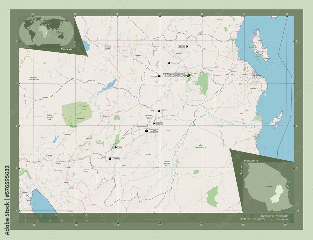 Fototapeta premium Morogoro, Tanzania. OSM. Labelled points of cities