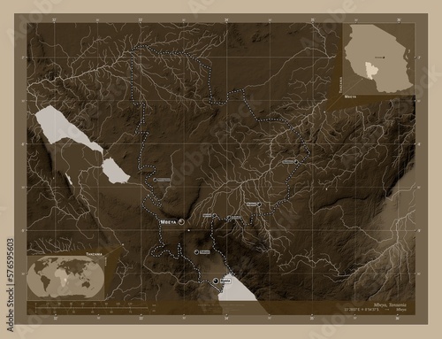 Mbeya, Tanzania. Sepia. Labelled points of cities photo