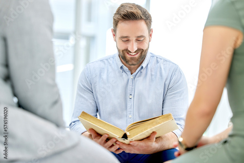 Photography Happy, people worship and reading faith book with man, counselling and learning religion together