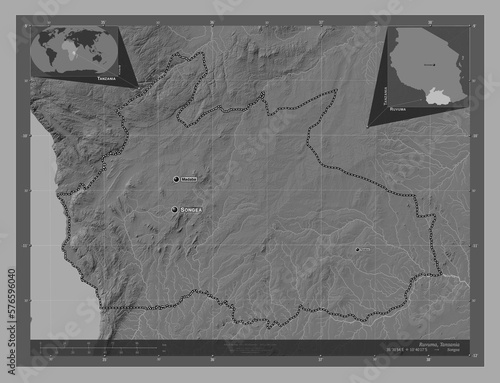 Ruvuma, Tanzania. Bilevel. Labelled points of cities photo