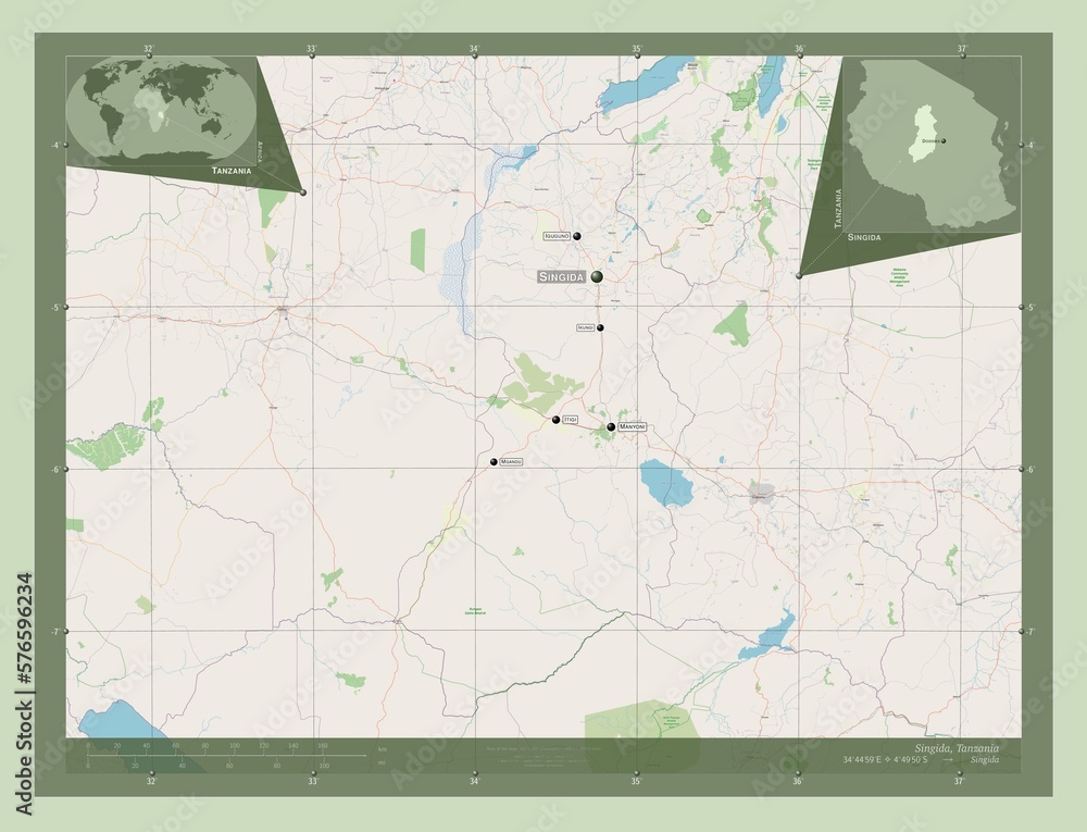 Fototapeta premium Singida, Tanzania. OSM. Labelled points of cities