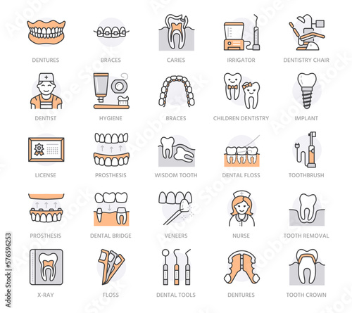 Dentist, orthodontics line icons. Dental care equipment, braces, tooth implant, veneers, toothbrush, caries treatment. Health care thin linear signs dentistry clinic. Orange color. Editable Stroke