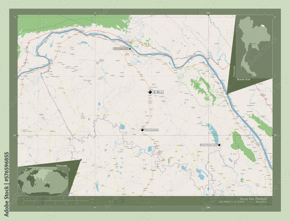 Fototapeta premium Bueng Kan, Thailand. OSM. Labelled points of cities