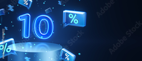 Money and investment growth rate, promotion and sale concept. Growing 10% bar on blue background with mock up place. 3D Rendering.