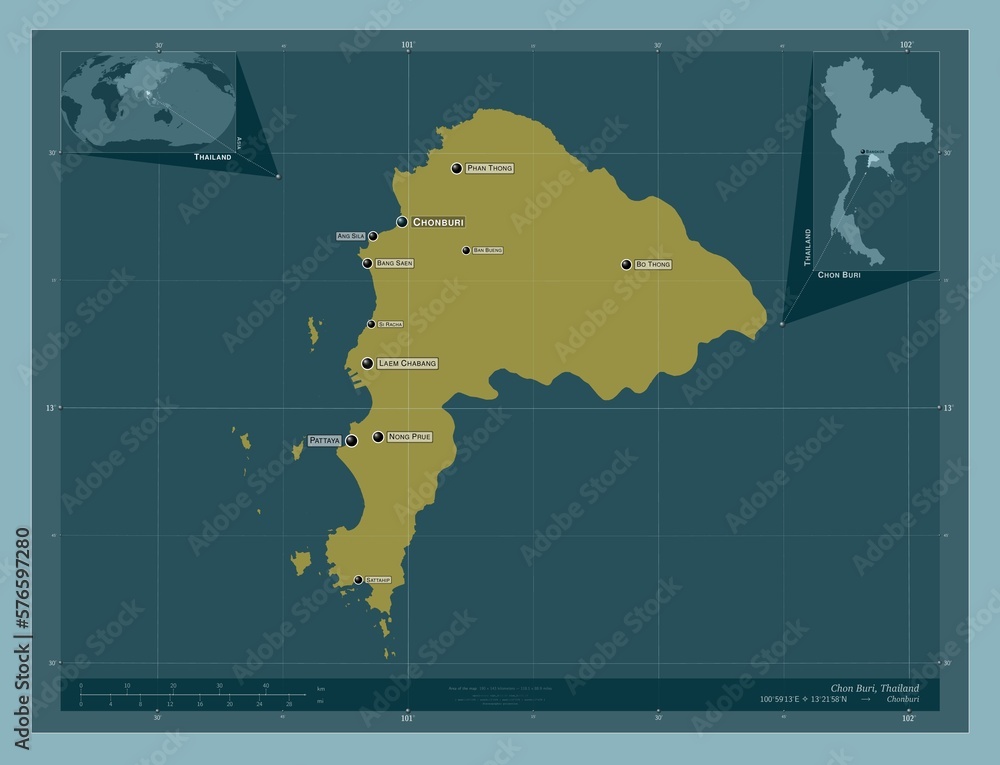 Chon Buri, Thailand. Solid. Labelled points of cities