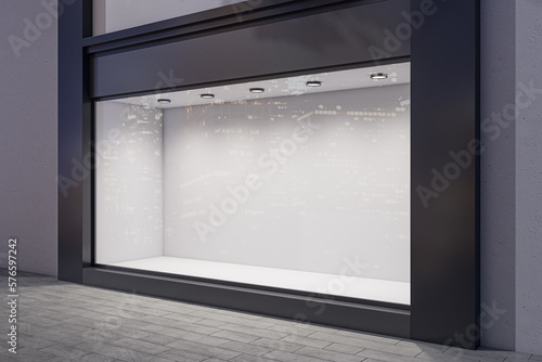 Leinwand Poster Perspective view on blank light wall background in empty shop window with space for your product presentation behind glass walls with city reflection in night modern building