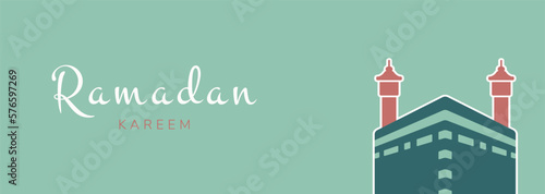 Ramadan Kareem. Islamic greeting card with Kaaba. Vector holiday illustration in green colors for greeting card, poster and banner.