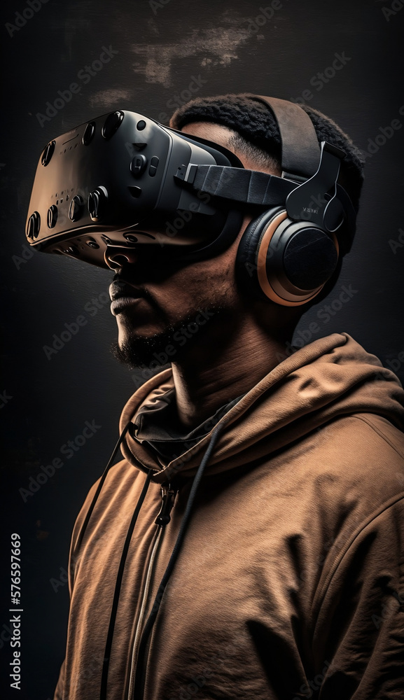 A person wearing a virtual reality headset, experiencing a virtual environment and metaverses lifestyles. Created with generative AI technology.