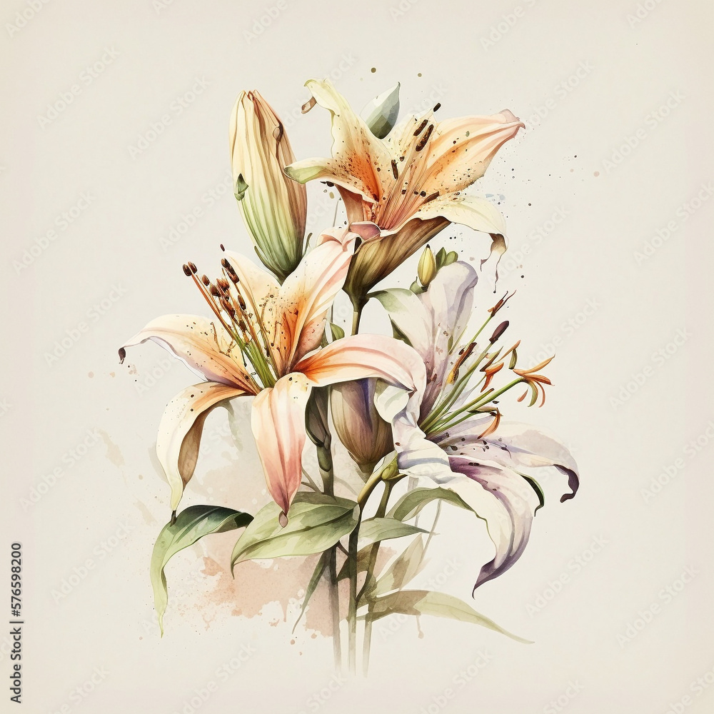 Fototapeta premium Lily Flowers - Vintage Watercolor - by Generative AI