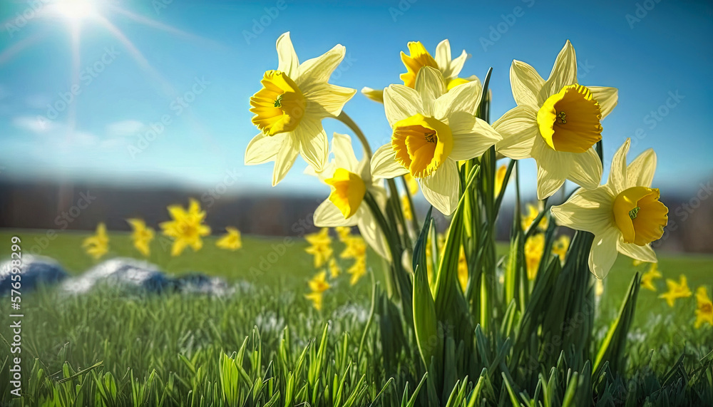 Fototapeta premium Daffodil flowers in the field, grass, sky. Spring background. Generative AI