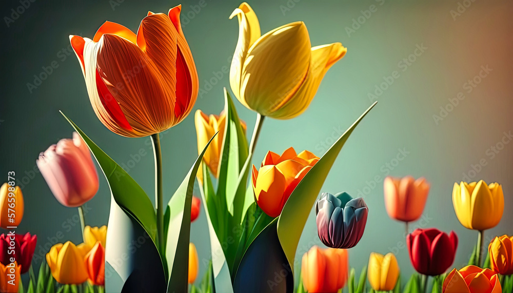Beautiful, colorful tulips in the meadow. Spring scene. Generative AI