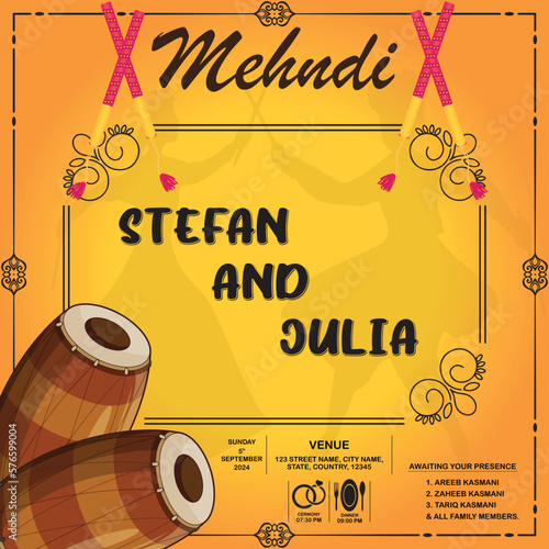 Vector Indian yellow mehndi card style wedding invitation