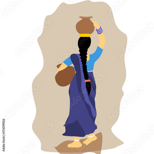 Women Carrying water pots, daily lifestyle in rural area.