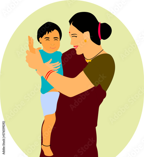 Young Indian Mother carrying her son. 