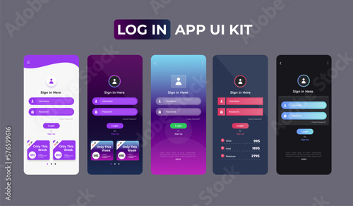set of Login form page template on gradient background for app development.