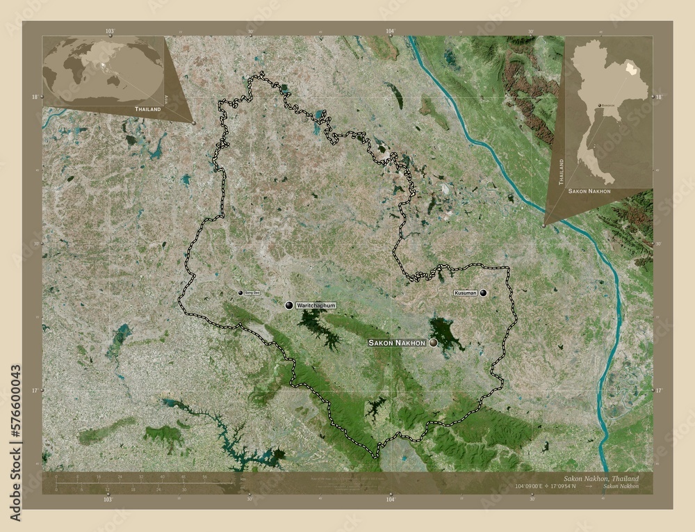 Fototapeta premium Sakon Nakhon, Thailand. High-res satellite. Labelled points of cities