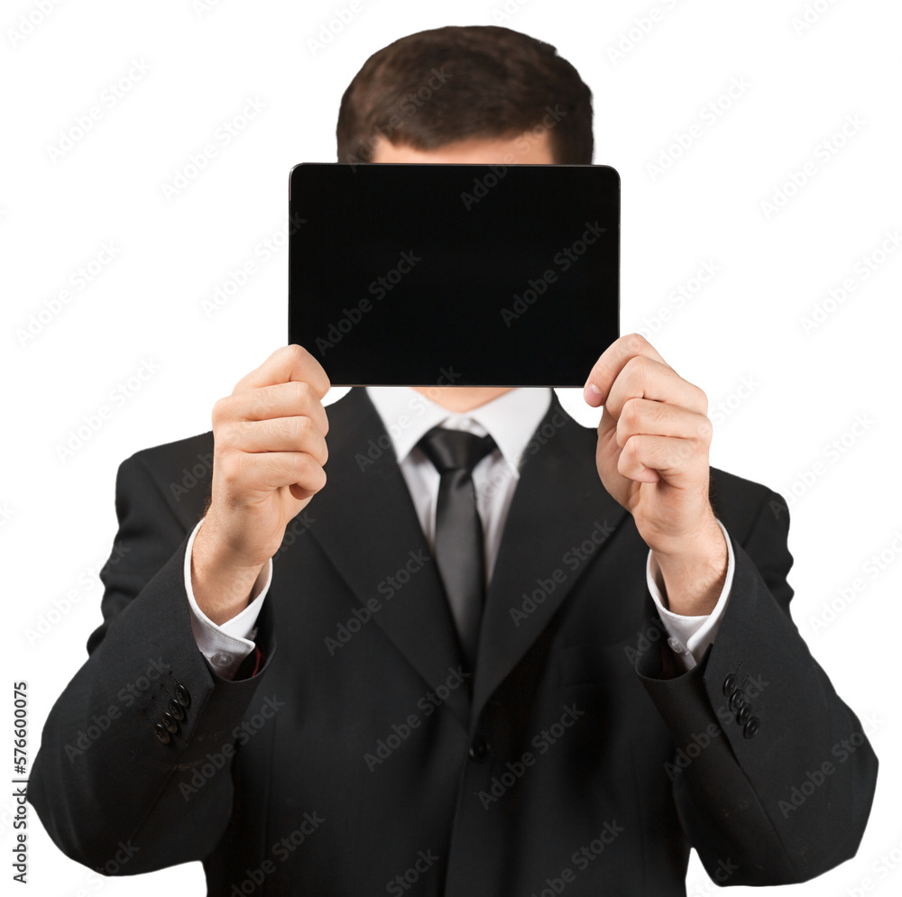 Close-up of business man in suit holding digital tablet isolated on white background Close-up of business man in suit holding digital tablet isolated on white background