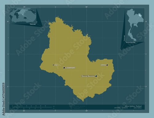 Sakon Nakhon, Thailand. Solid. Labelled points of cities