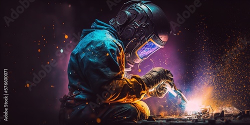 Illustration of a welder welding metal has a bokeh and sparkling background from an industrial setting. Generative Ai. photo