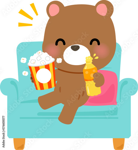 ソファでポップコーンを食べるクマのキャラクター