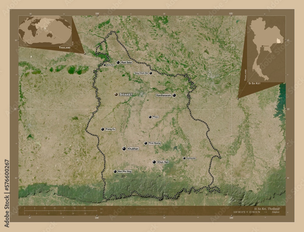Fototapeta premium Si Sa Ket, Thailand. Low-res satellite. Labelled points of cities