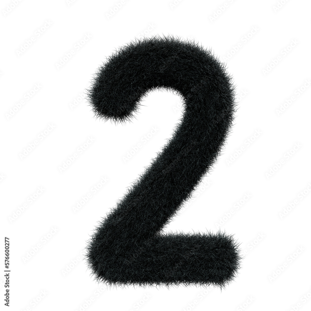 black number 2 Fur 3D element render, Typography fluffy style black number 2 Fur 3D element render, Typography fluffy style