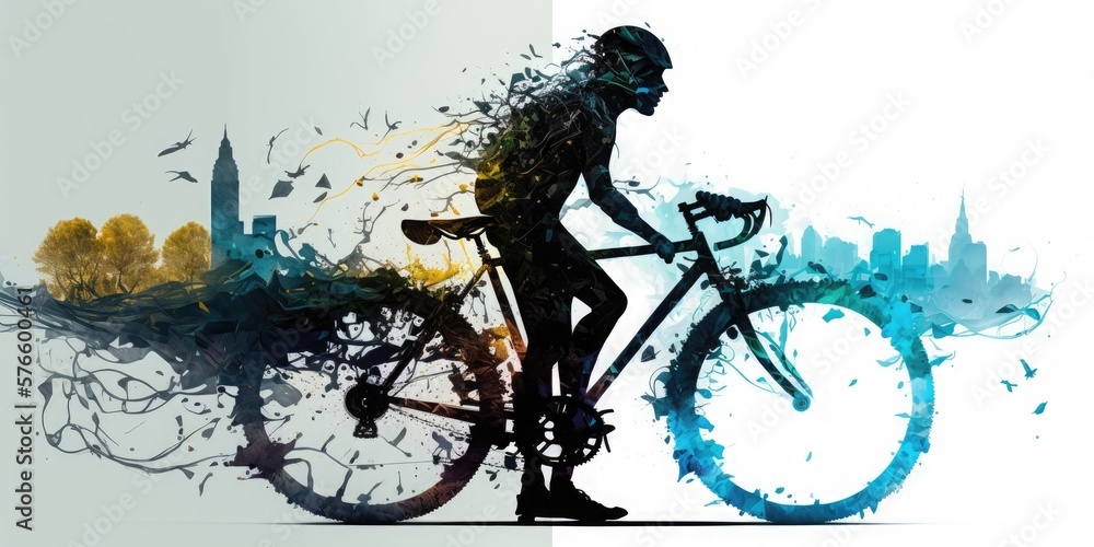 Obraz premium Double exposure of a cyclist, young man on a bike, riding bicycle in city, urban skyline, watercolorstyle, AI generative