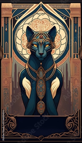 Bastet, goddess of War in Ancient Egypt. AI generative illustration, poster, art nuveau style. photo