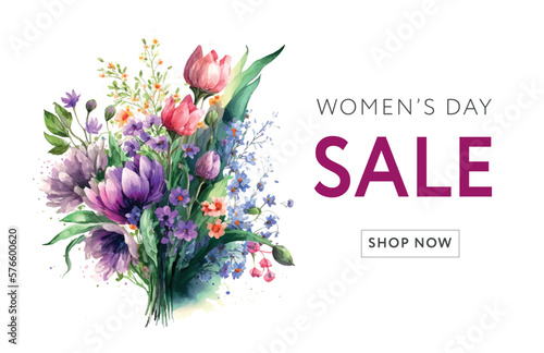 Banner for the International Happy Women's Day. Flyer for sale March 8 with the decor of floral. Web offer