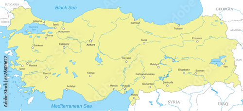 Political map of Turkey with national borders