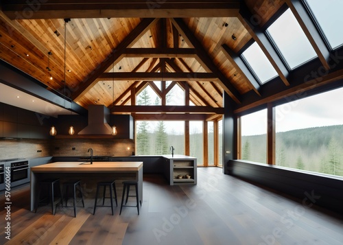 Open kitchen and living room in stylish chalet interior. Modern house design with wooden roof and big windows. Forest view. Generative AI