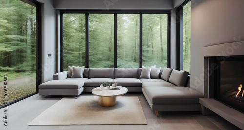 Stylish living room interior with beige corner sofa and big windows. Forest view. Generative AI.