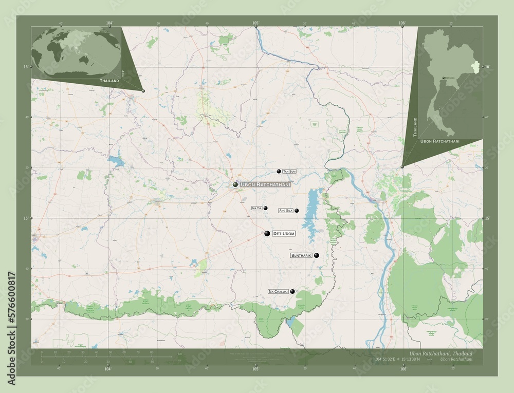 Fototapeta premium Ubon Ratchathani, Thailand. OSM. Labelled points of cities