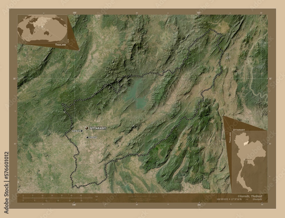Fototapeta premium Uttaradit, Thailand. Low-res satellite. Labelled points of cities
