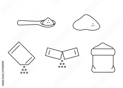 Powder in sachet packet, sack flour, line icon set. Open paper pack stick with salt, sugar in teaspoon, yeast powder, powder. Soluble bag pouch food of baking ingredients. Vector outline illustration