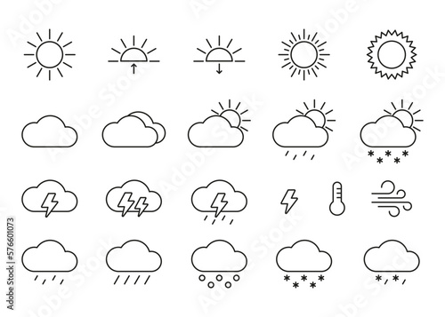 Weather sun and cloud, line icon set. Environment sunshine, thunder, storm, wind, snow cloud. Vector simple sign