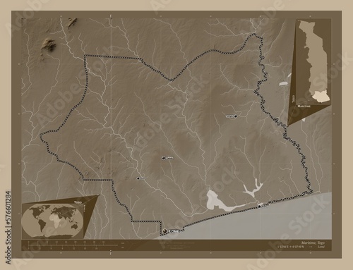 Maritime, Togo. Sepia. Labelled points of cities photo