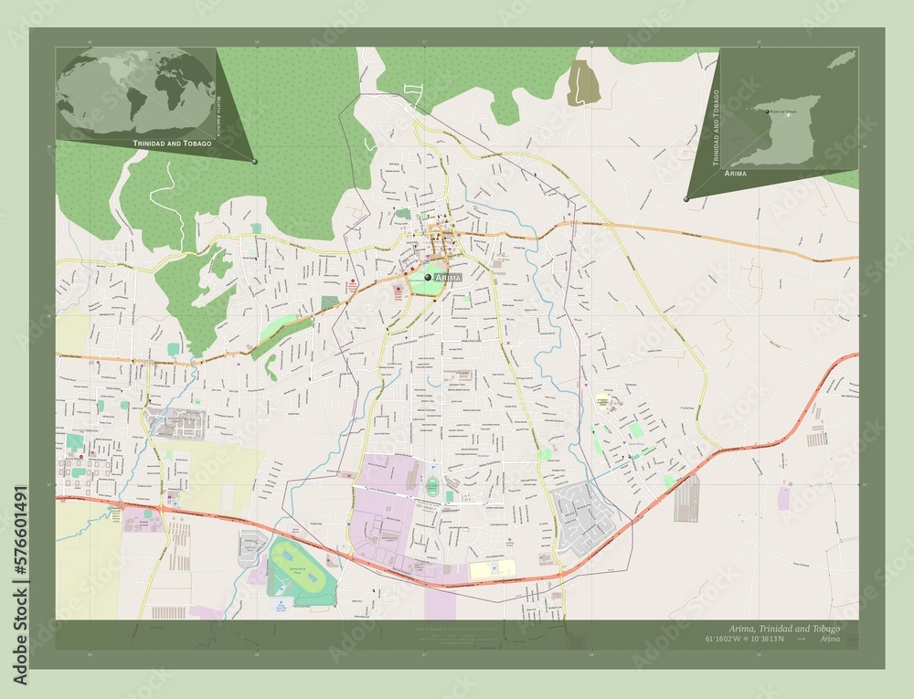 Fototapeta premium Arima, Trinidad and Tobago. OSM. Labelled points of cities