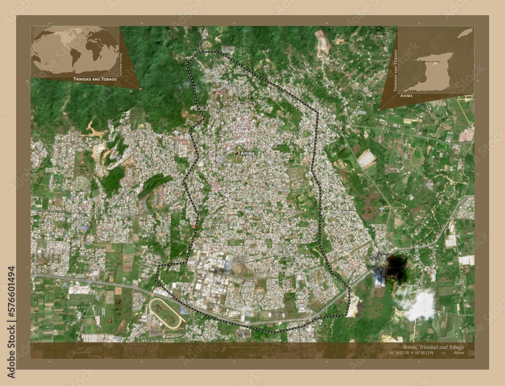 Arima, Trinidad and Tobago. Low-res satellite. Labelled points of cities