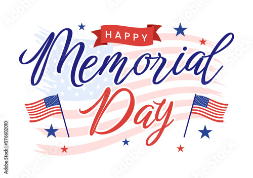 Memorial Day Illustration with American Flag, Remember and Honor to Meritorious Soldier in Flat Cartoon Hand Drawn for Landing Page Templates photo