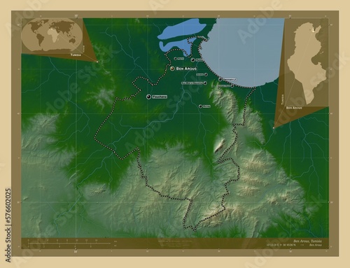 Ben Arous, Tunisia. Physical. Labelled points of cities photo