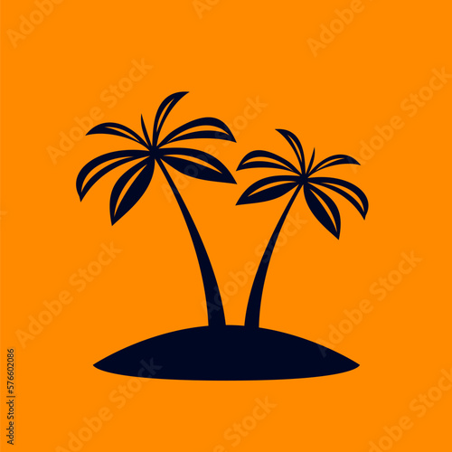 African Coconut Trees or Tropical Palm Trees on Orange. Simple Black Silhouette for Eco Floral Logotype Emblem in Retro Art  or Travel Logo Design